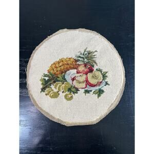 Vtg petti point- embroidery Canvas- unframed- 12" Diameter round- fruits